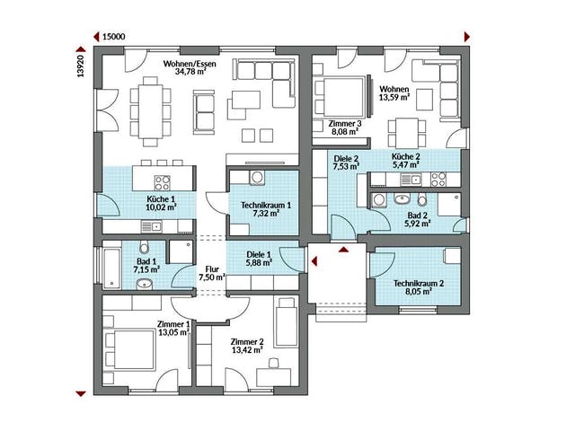 Fertighaus Privat 148 von Danwood S.A. - Zwei- und Mehrfamilienhäuser Schlüsselfertig ab 312200€, Bungalow Grundriss 1
