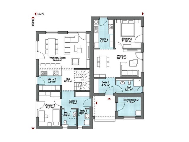 Fertighaus Privat 191 von Danwood S.A. - Zwei- und Mehrfamilienhäuser Schlüsselfertig ab 390800€, Grundriss 1