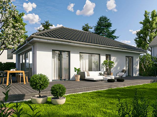 Massivhaus ICON Bungalow von Dennert Massivhaus Ausbauhaus ab 235530€, Bungalow Außenansicht 1