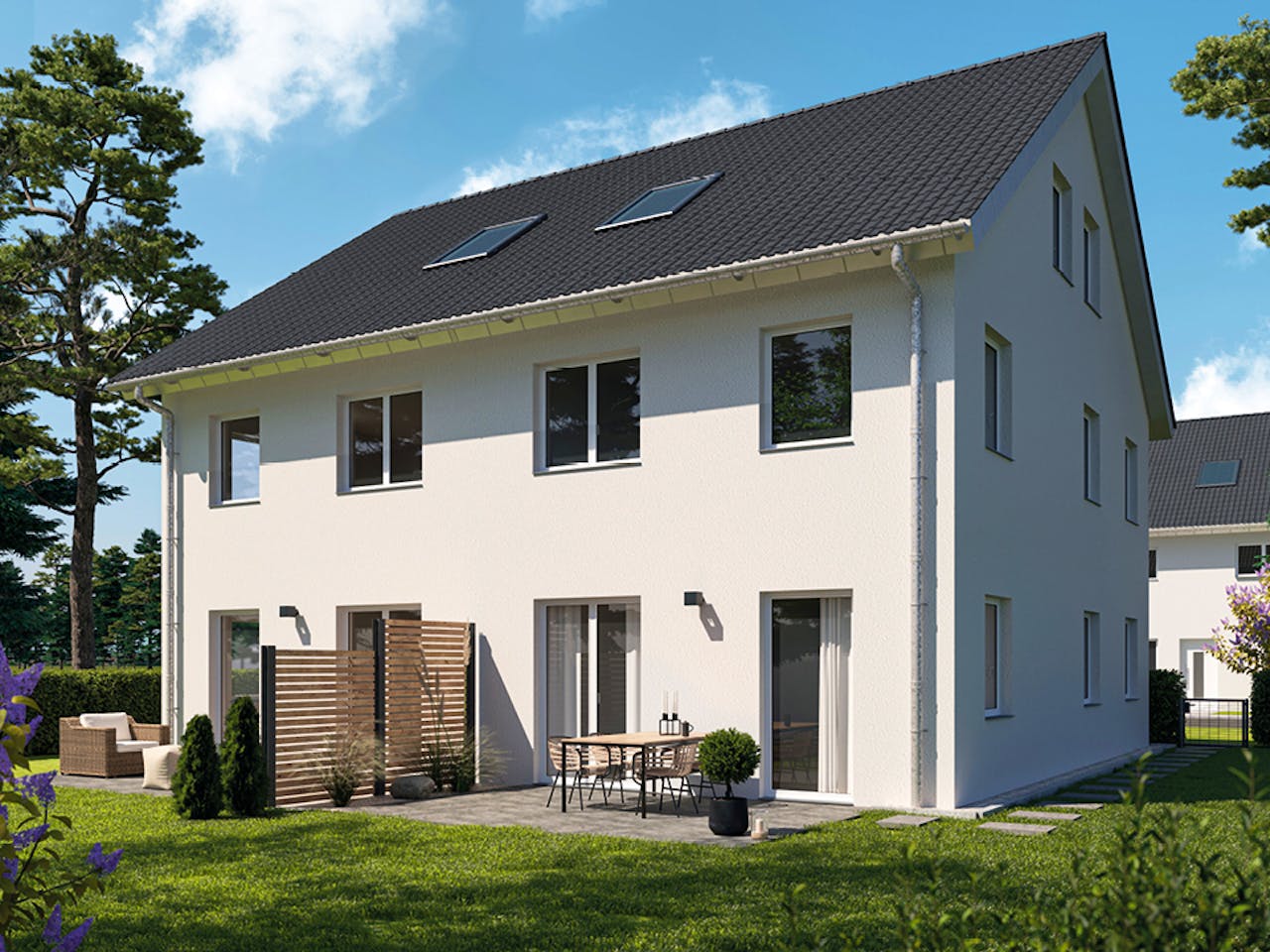 Massivhaus ICON S Doppelhaushälfte mit Satteldach von Dennert Massivhaus Ausbauhaus ab 234250€, Außenansicht 1
