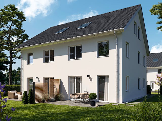 Massivhaus ICON S Doppelhaushälfte mit Satteldach von Dennert Massivhaus Ausbauhaus ab 207900€, Außenansicht 1