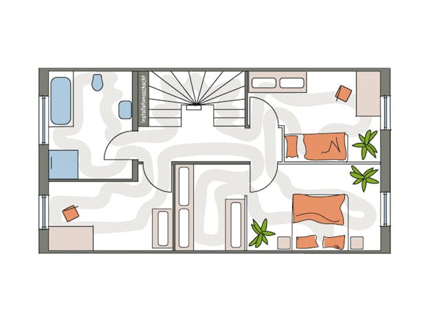 Reihenhaus-Grundriss schmal mit 2,5 Etagen & 140 qm von Dennert Massivhaus: Zu sehen ist das Obergeschoss, von dem man noch das Dachgeschoss mit Galerie und Schlafzimmer erreicht.