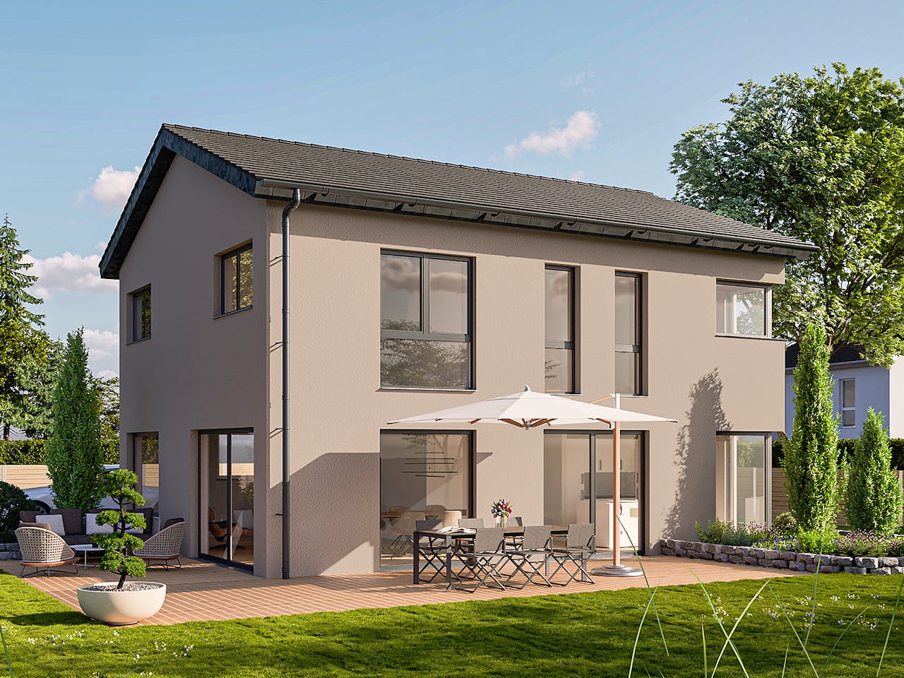 Massivhaus ICON S 3+ CITY von Dennert Massivhaus Schlüsselfertig ab 273850€, Satteldach-Klassiker Außenansicht 1