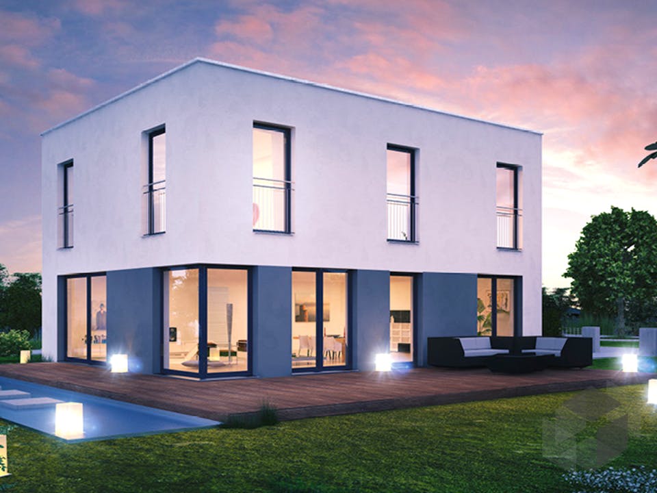 Massivhaus ICON 3+ City mit Flachdach von Dennert Massivhaus Ausbauhaus ab 239200€, Cubushaus Außenansicht 1