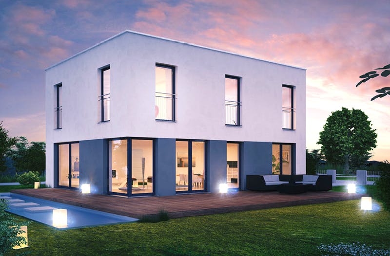 Massivhaus ICON 3+ City mit Flachdach von Dennert Massivhaus Ausbauhaus ab 275000€, Cubushaus Außenansicht 1