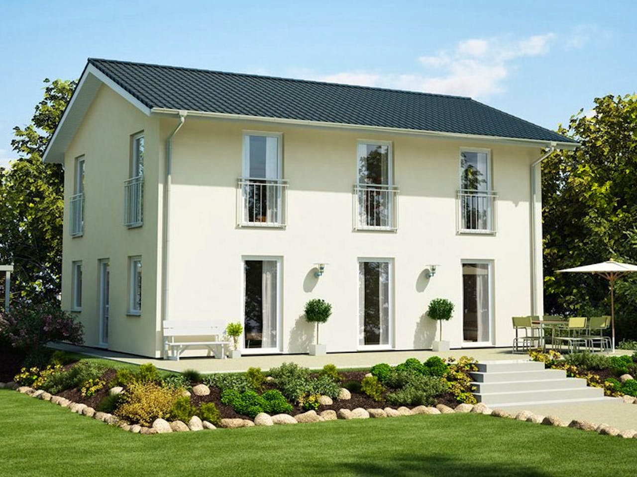 Massivhaus ICON 3+ City mit Satteldach von Dennert Massivhaus Ausbauhaus ab 280608€, Satteldach-Klassiker Außenansicht 1