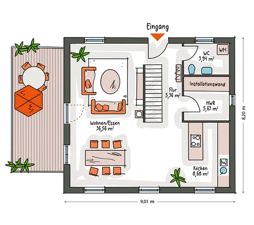 Massivhaus ICON 3 City mit Satteldach von Dennert Massivhaus Ausbauhaus ab 243400€, Satteldach-Klassiker Grundriss 1