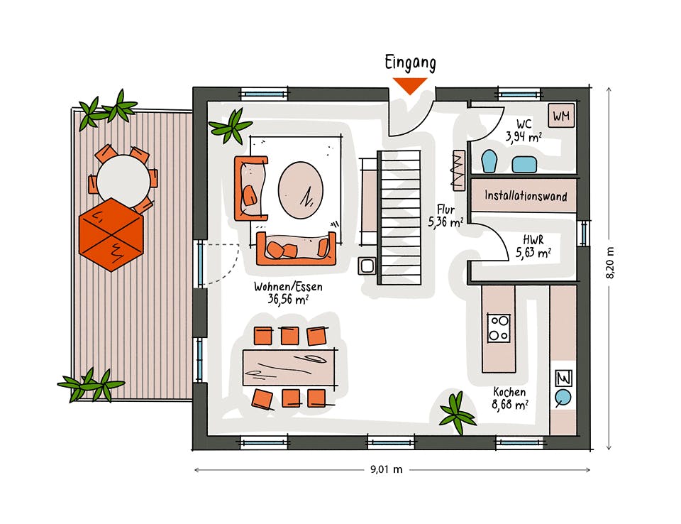 Massivhaus ICON 3 City mit Satteldach von Dennert Massivhaus Ausbauhaus ab 250800€, Satteldach-Klassiker Grundriss 1