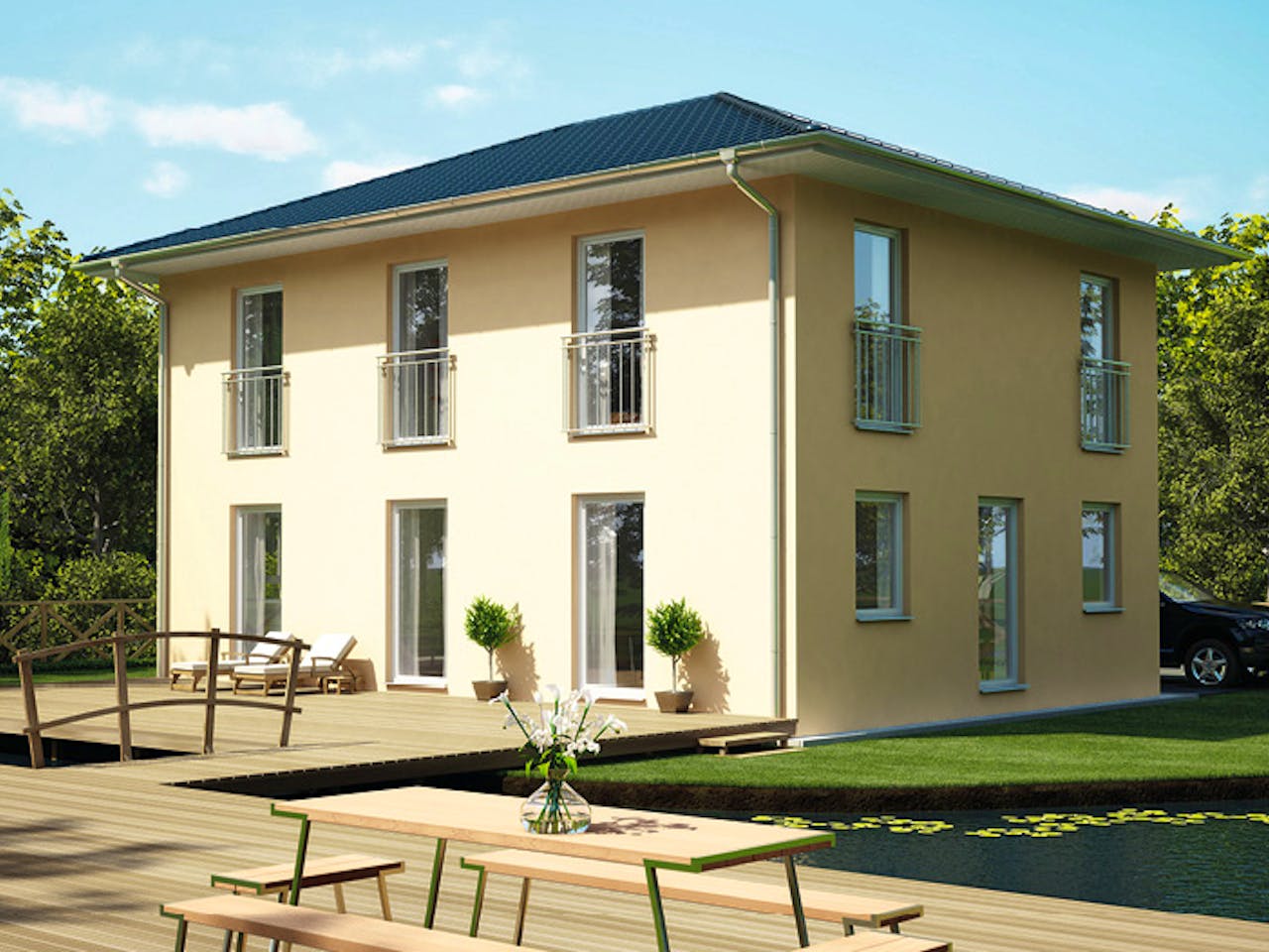 Massivhaus ICON 3+ City mit Walmdach von Dennert Massivhaus Ausbauhaus ab 279570€, Stadtvilla Außenansicht 1