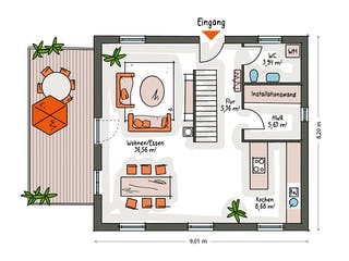 Massivhaus ICON 3 City mit Walmdach von Dennert Massivhaus Ausbauhaus ab 257200€, Stadtvilla Grundriss 1
