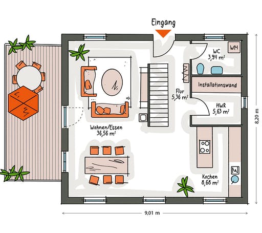 Massivhaus ICON 3 City mit Walmdach von Dennert Massivhaus Ausbauhaus ab 213700€, Stadtvilla Grundriss 1