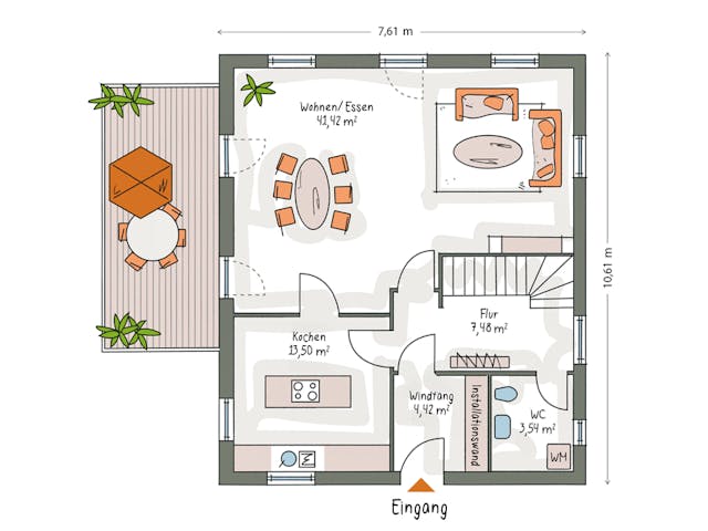 Massivhaus ICON 3+ City mit Satteldach von Dennert Massivhaus Ausbauhaus ab 280608€, Satteldach-Klassiker Grundriss 1