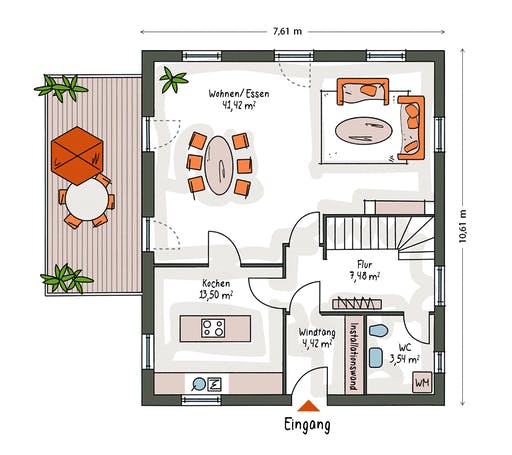Massivhaus ICON 3+ mit Satteldach von Dennert Massivhaus Ausbauhaus ab 230200€, Satteldach-Klassiker Grundriss 1