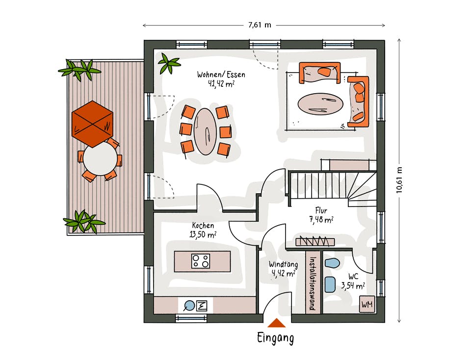Massivhaus ICON 3+ mit Satteldach von Dennert Massivhaus Ausbauhaus ab 201300€, Satteldach-Klassiker Grundriss 1