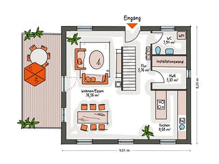 Massivhaus ICON 3 mit Quergiebel von Dennert Massivhaus Ausbauhaus ab 243800€, Satteldach-Klassiker Grundriss 1