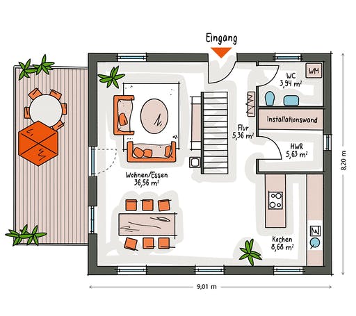 Massivhaus ICON 3 mit Quergiebel von Dennert Massivhaus Ausbauhaus ab 201500€, Satteldach-Klassiker Grundriss 1