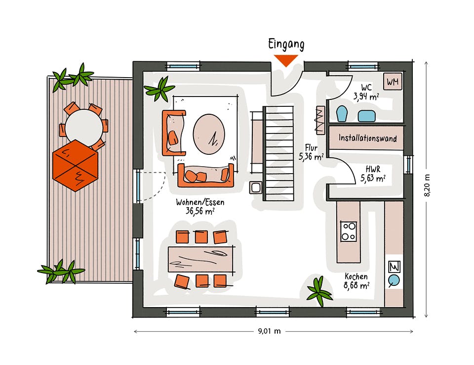 Massivhaus ICON 3 mit Quergiebel von Dennert Massivhaus Ausbauhaus ab 237200€, Satteldach-Klassiker Grundriss 1