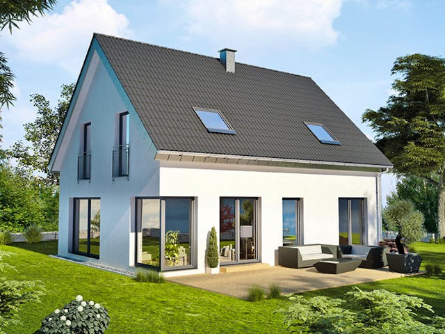Massivhaus ICON 3+ mit Satteldach von Dennert Massivhaus Ausbauhaus ab 247870€, Satteldach-Klassiker Außenansicht 3