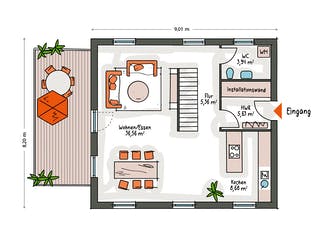Massivhaus ICON 3 mit Satteldach von Dennert Massivhaus Ausbauhaus ab 226600€, Satteldach-Klassiker Grundriss 1
