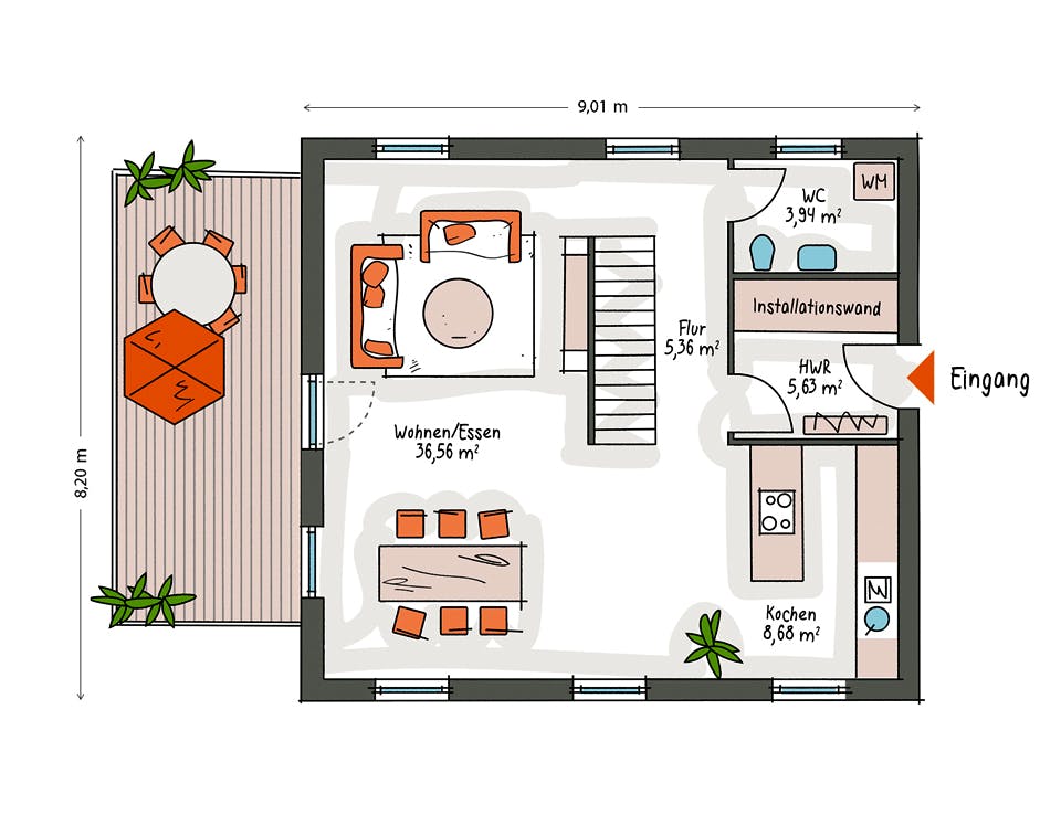 Massivhaus ICON 3 mit Satteldach von Dennert Massivhaus Ausbauhaus ab 220000€, Satteldach-Klassiker Grundriss 1