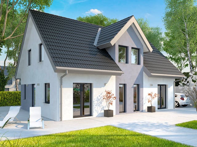 Massivhaus ICON 4 mit Quergiebel von Dennert Massivhaus Ausbauhaus ab 280288€, Satteldach-Klassiker Außenansicht 3