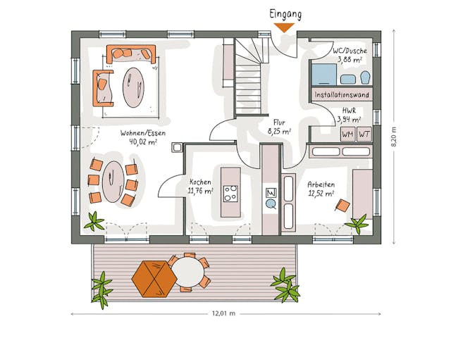Massivhaus ICON 4 mit Satteldach von Dennert Massivhaus Ausbauhaus ab 263170€, Satteldach-Klassiker Grundriss 1