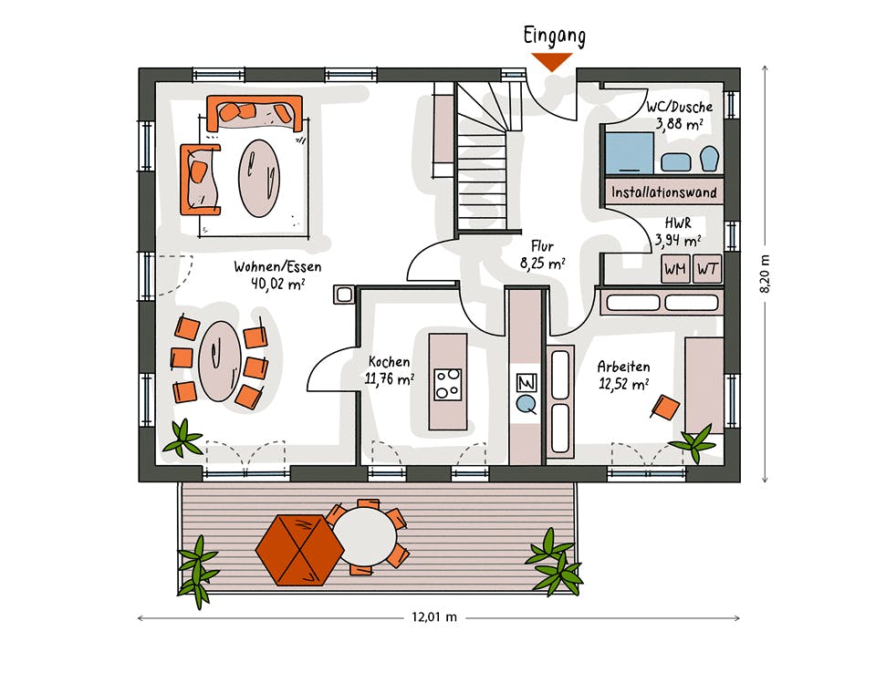 Massivhaus ICON 4 mit Satteldach von Dennert Massivhaus Ausbauhaus ab 252000€, Satteldach-Klassiker Grundriss 1
