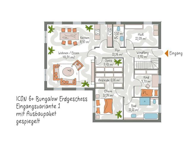 Massivhaus ICON 6+ Bungalow Ausbaupaket DG von Dennert Massivhaus Ausbauhaus ab 298890€, Bungalow Grundriss 1