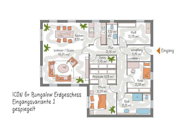 Massivhaus ICON 6+ Bungalow von Dennert Massivhaus Ausbauhaus ab 284530€, Bungalow Grundriss 1