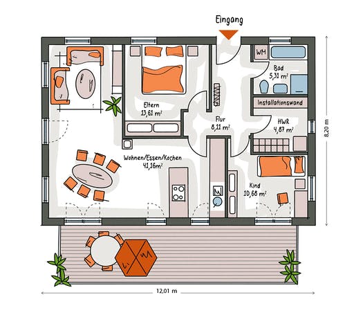 Massivhaus ICON Bungalow von Dennert Massivhaus Ausbauhaus ab 203900€, Bungalow Grundriss 1