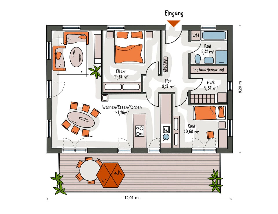 Massivhaus ICON Bungalow von Dennert Massivhaus Ausbauhaus ab 210000€, Bungalow Grundriss 1