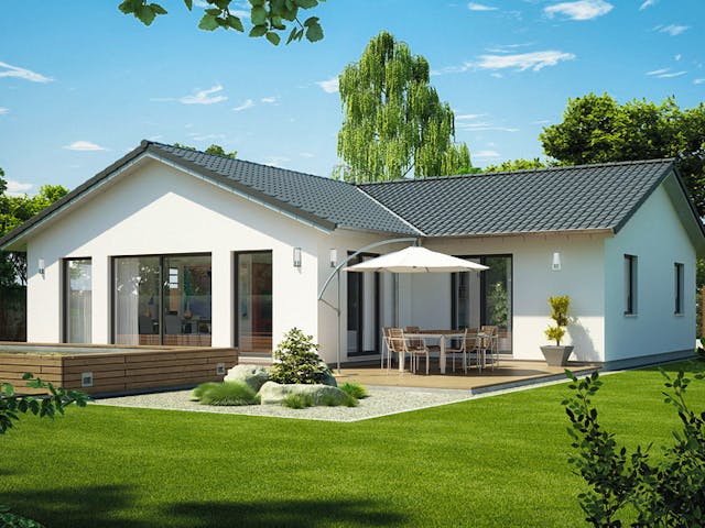 Massivhaus ICON Winkelbungalow von Dennert Massivhaus Ausbauhaus ab 270370€, Bungalow Außenansicht 3