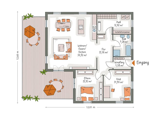 Massivhaus ICON Winkelbungalow von Dennert Massivhaus Ausbauhaus ab 270370€, Bungalow Grundriss 1
