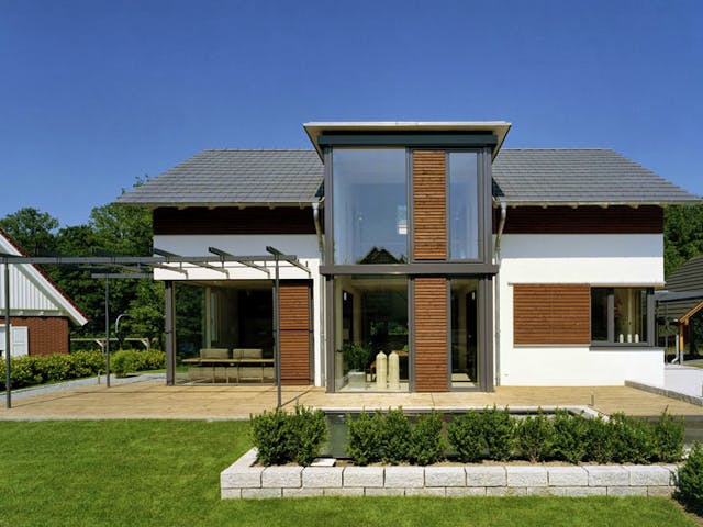 Blockhaus D168 MH Bad Vilbel von Frammelsberger R. Ingenieur-Holzbau, Satteldach-Klassiker Außenansicht 1 Blockhaus D168 MH Bad Vilbel von Frammelsberger R. Ingenieur-Holzbau, Satteldach-Klassiker Außenansicht 1