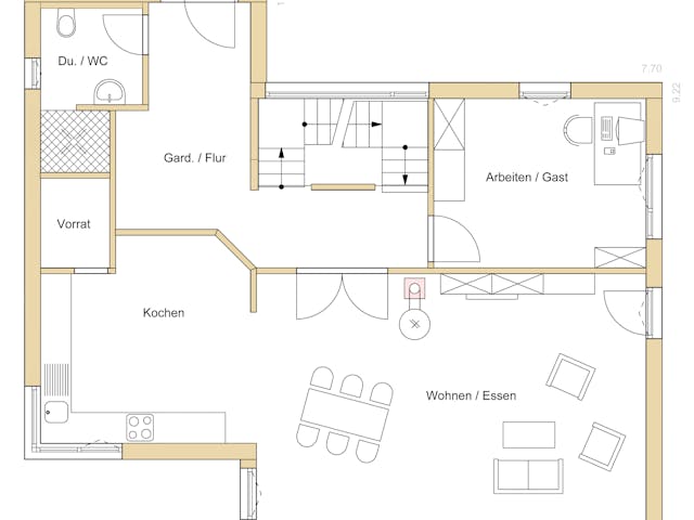 Blockhaus D183 Eisele von Frammelsberger R. Ingenieur-Holzbau, Pultdachhaus Grundriss 1