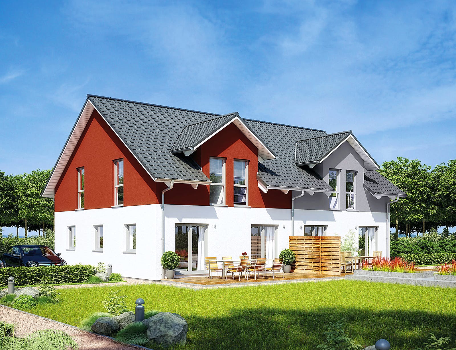 Fertighaus Doppelhaus 35-130 von Hanse Haus Schlüsselfertig ab 329963€, Satteldach-Klassiker Außenansicht 1