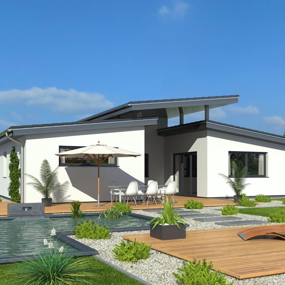 Fertighaus Bungalow 101 PD von DREVO HAUS Schlüsselfertig ab 277900€, Pultdachhaus Außenansicht 1