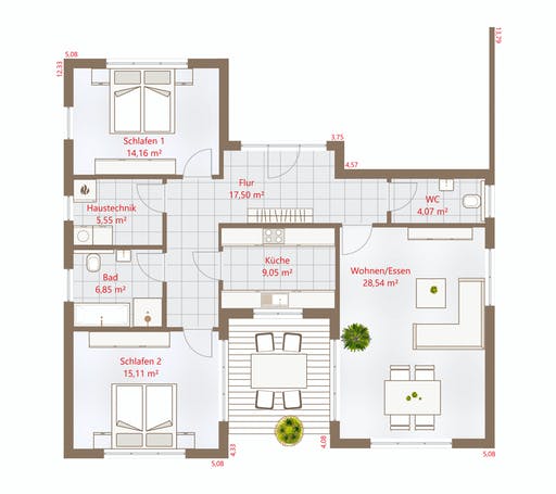 Fertighaus Bungalow 101 PD von DREVO HAUS Schlüsselfertig ab 277900€, Pultdachhaus Grundriss 1