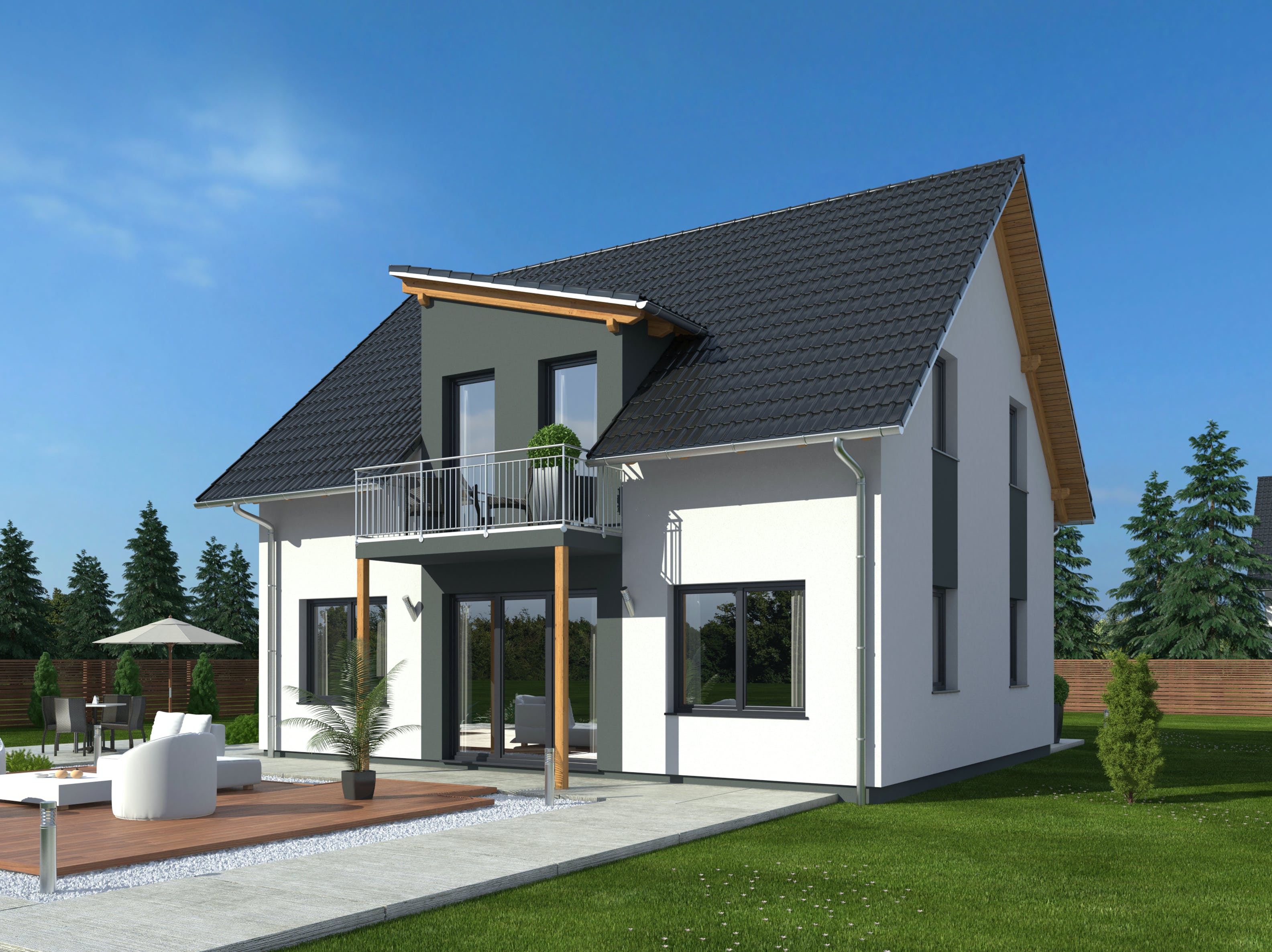 Fertighaus Hausidee 128 SD von DREVO HAUS Schlüsselfertig ab 259800€, Satteldach-Klassiker Außenansicht 1
