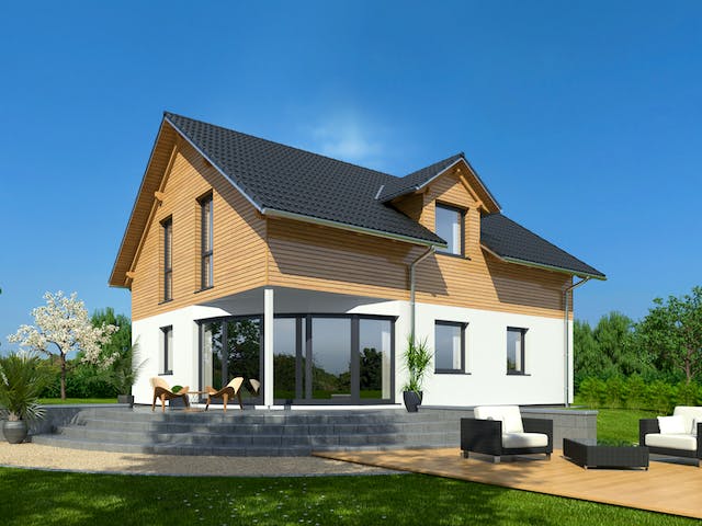 Fertighaus Hausidee 133 SD von DREVO HAUS Schlüsselfertig ab 261700€, Satteldach-Klassiker Außenansicht 1