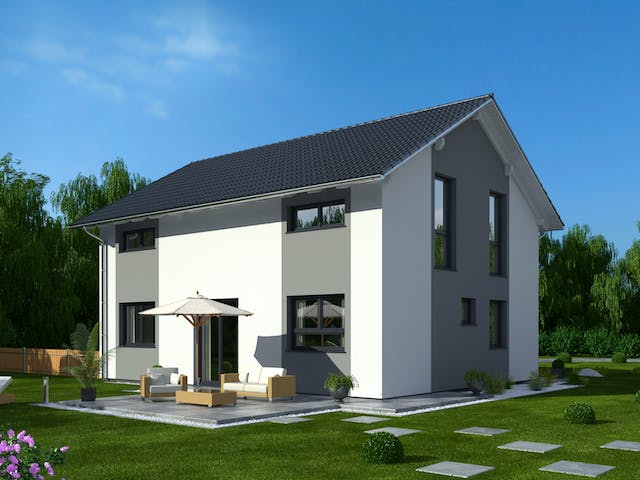 Fertighaus Hausidee 134 SD von DREVO HAUS Schlüsselfertig ab 263300€, Satteldach-Klassiker Außenansicht 1