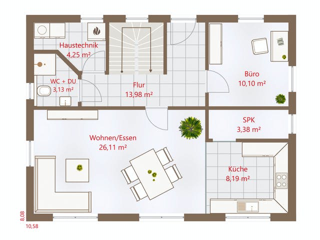 Fertighaus Hausidee 134 SD von DREVO HAUS Schlüsselfertig ab 263300€, Satteldach-Klassiker Grundriss 1