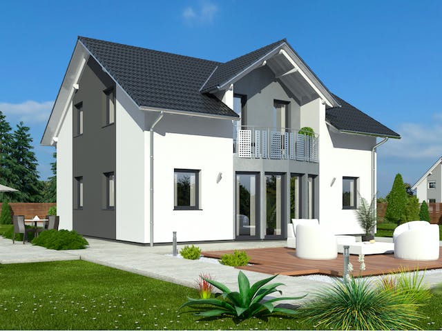 Fertighaus Hausidee 137 SD von DREVO HAUS Schlüsselfertig ab 277700€, Satteldach-Klassiker Außenansicht 1