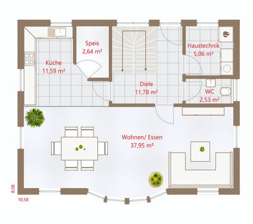 Fertighaus Hausidee 137 SD von DREVO HAUS Schlüsselfertig ab 277700€, Satteldach-Klassiker Grundriss 1