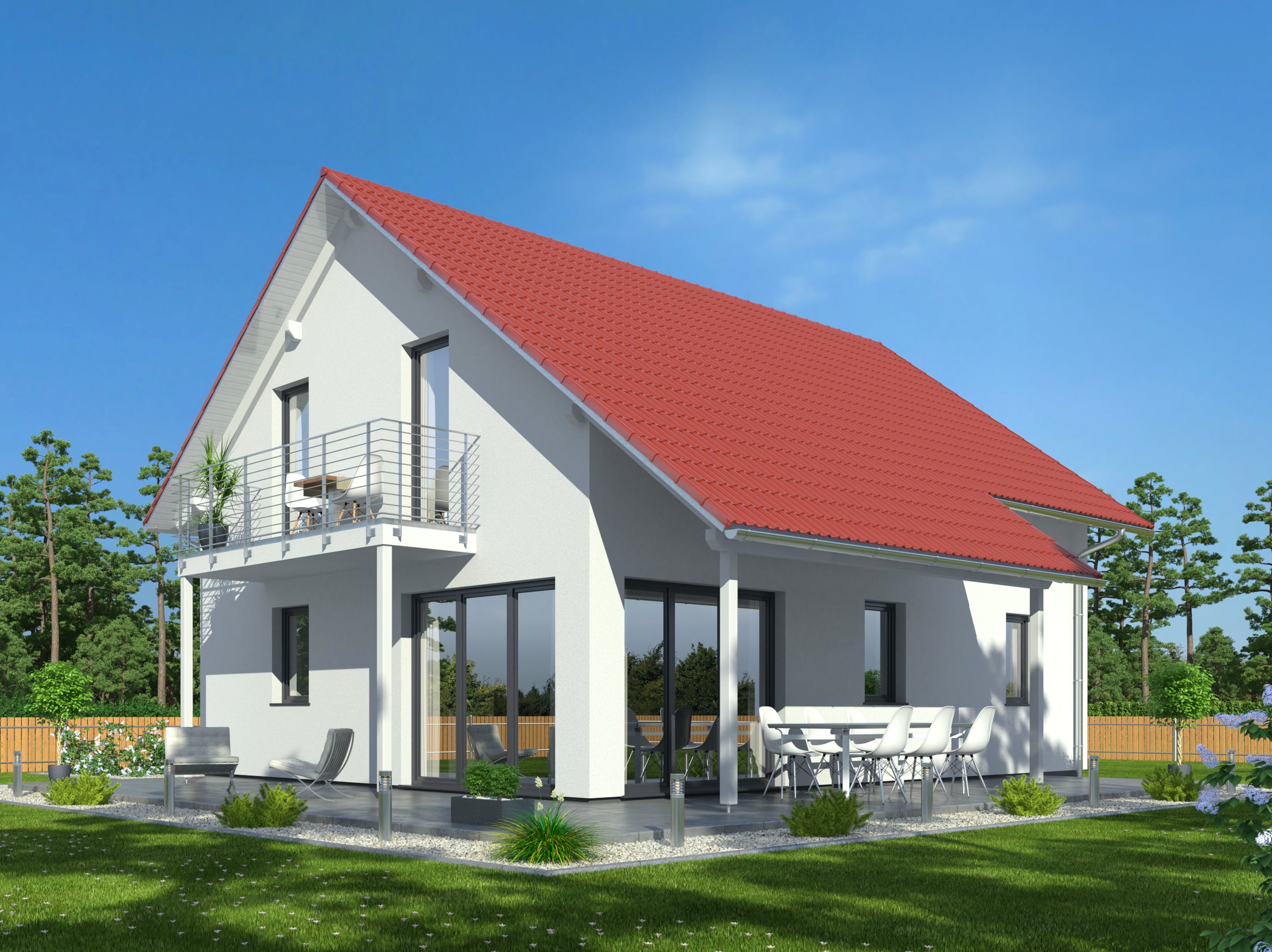 Fertighaus Hausidee 138 SD von DREVO HAUS Schlüsselfertig ab 249100€, Satteldach-Klassiker Außenansicht 1