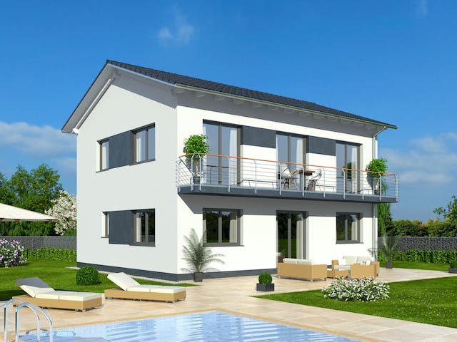 Fertighaus Hausidee 148 SD von DREVO HAUS Schlüsselfertig ab 297200€, Satteldach-Klassiker Außenansicht 1