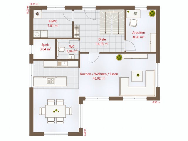 Fertighaus Hausidee 150 SD von DREVO HAUS Schlüsselfertig ab 327200€, Satteldach-Klassiker Grundriss 1