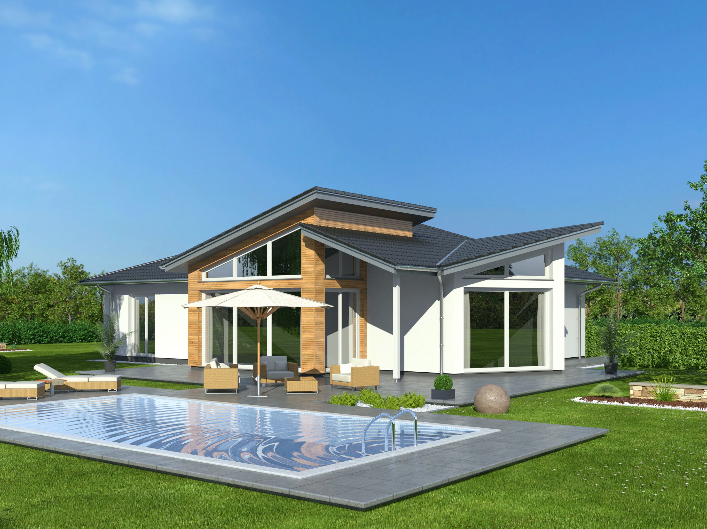 Fertighaus Bungalow 152 WD von DREVO HAUS Schlüsselfertig ab 335700€, Bungalow Außenansicht 1