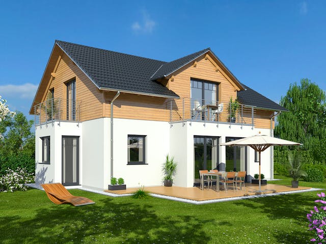 Fertighaus Hausidee 178 SD von DREVO HAUS Schlüsselfertig ab 287700€, Satteldach-Klassiker Außenansicht 1