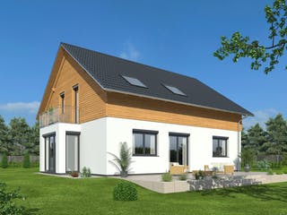 Fertighaus Hausidee 193 SD von DREVO HAUS Schlüsselfertig ab 342400€, Satteldach-Klassiker Außenansicht 1
